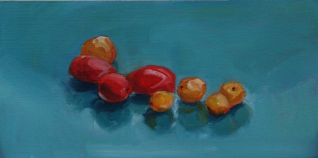 Rainy Day Tomatoes, oil on panel, 6x12, 2016 (Sold)