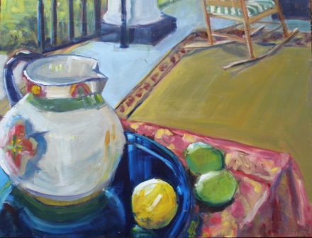 Patterned Pitcher with Lemon and Limes 18x24 oil on panel