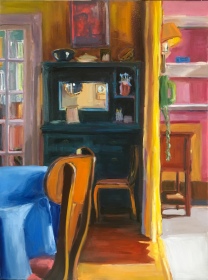 Blue Dresser Yellow Curtain Pink Wall, oil on canvas, 30x40